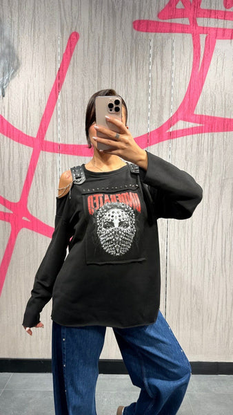 Tasarım Zımbalı Omuz Dekolteli Sweat