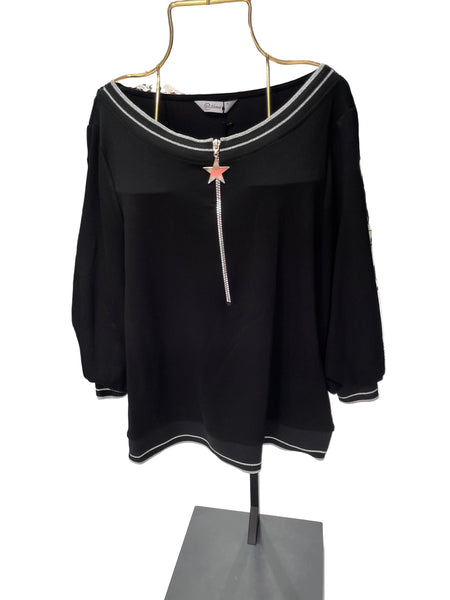 Tasarım Yakası Fermuarlı Ribanalı Bluz