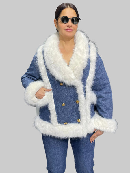 İthal Tasarım Kürk Detaylı Denim Mont