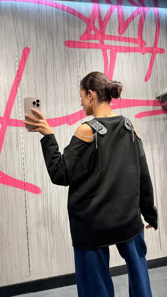 Tasarım Zımbalı Omuz Dekolteli Sweat