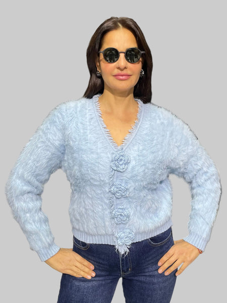 İthal Tasarım Angora Midi Hırka Mavi