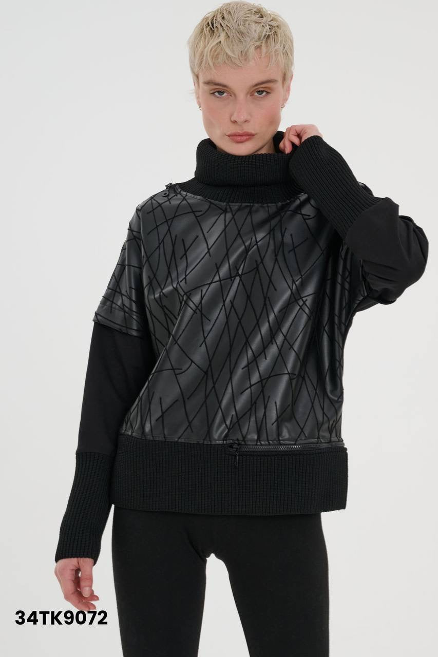 Tasarım Triko Detaylı Boğazlı Sweat