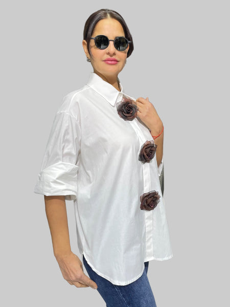 İthal Tasarım Gül Aksesuarlı Gömlek