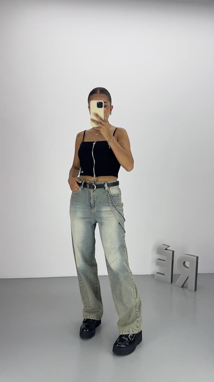 Tasarım Kemer Detaylı Denim Pantolon