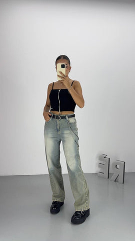 Tasarım Kemer Detaylı Denim Pantolon