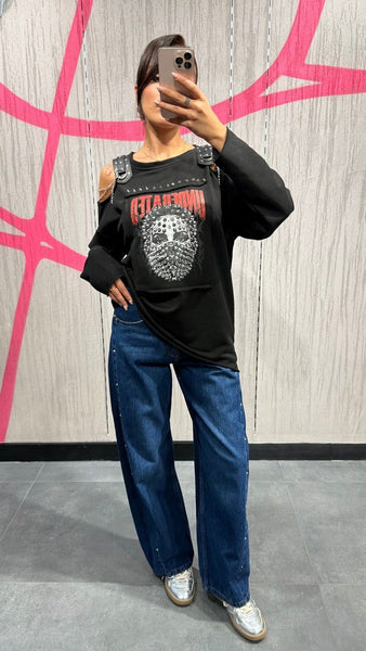 Tasarım Zımbalı Omuz Dekolteli Sweat