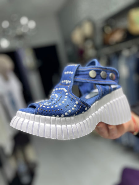 Tasarım İncili Denim Sandalet