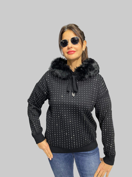 İthal Tasarım Kürk Yakalı Taşlı Kazak