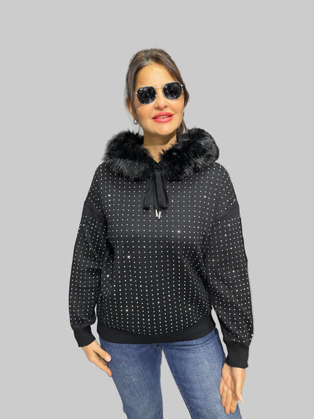 İthal Tasarım Kürk Yakalı Taşlı Kazak