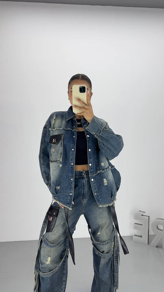 Tasarım Deri Detaylı Denim Gömlek