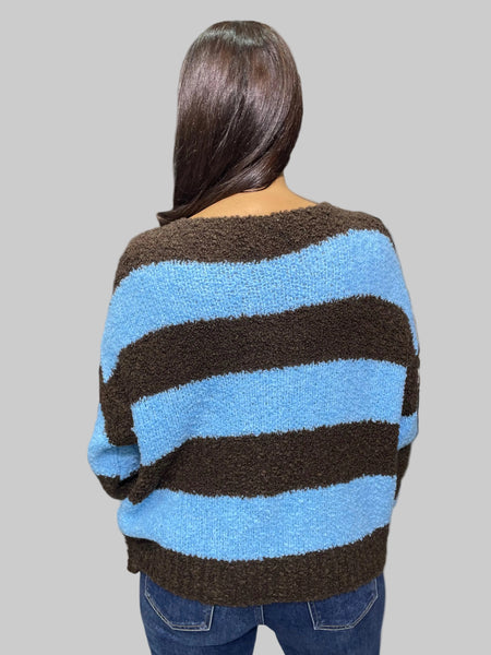 İthal Tasarım Çift Renkli Çizgili Kazak