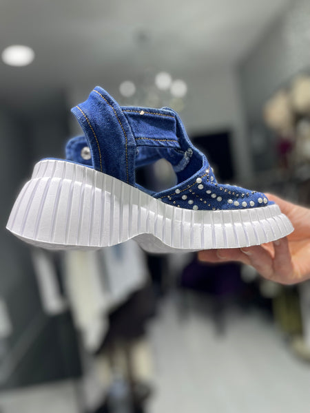 Tasarım İncili Denim Sandalet