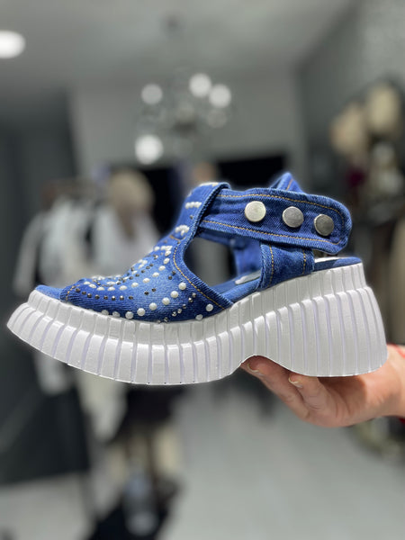 Tasarım İncili Denim Sandalet