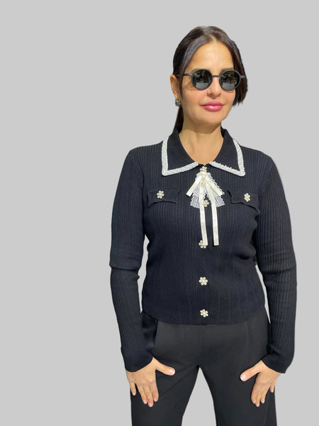 İthal Tasarım Taşlı Yakalı Hırka