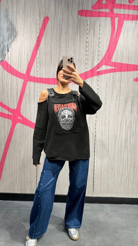 Tasarım Zımbalı Omuz Dekolteli Sweat