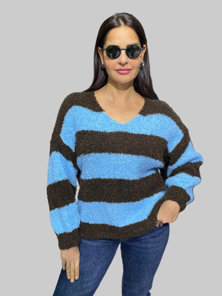 İthal Tasarım Çift Renkli Çizgili Kazak