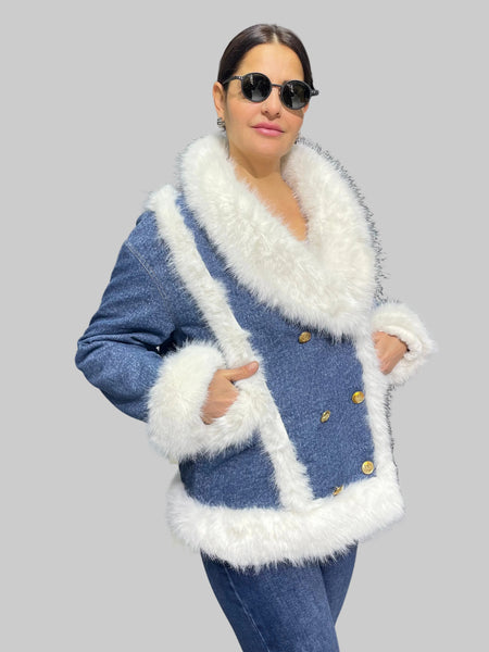 İthal Tasarım Kürk Detaylı Denim Mont