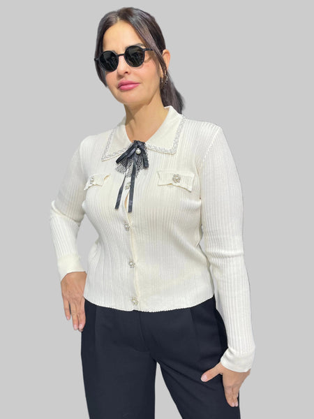 İthal Tasarım Taşlı Yakalı Hırka