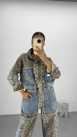 Tasarım Leopar Desenli Denim Ceket