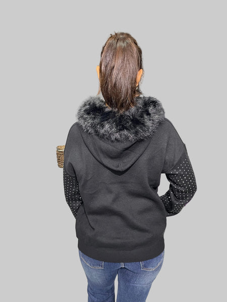 İthal Tasarım Kürk Yakalı Taşlı Kazak