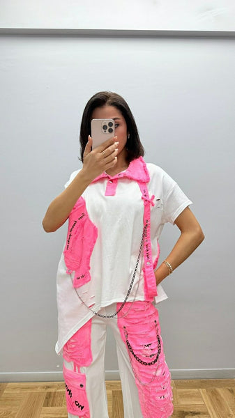 Tasarım Neon Denim Detaylı Tişört