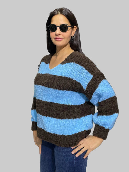 İthal Tasarım Çift Renkli Çizgili Kazak