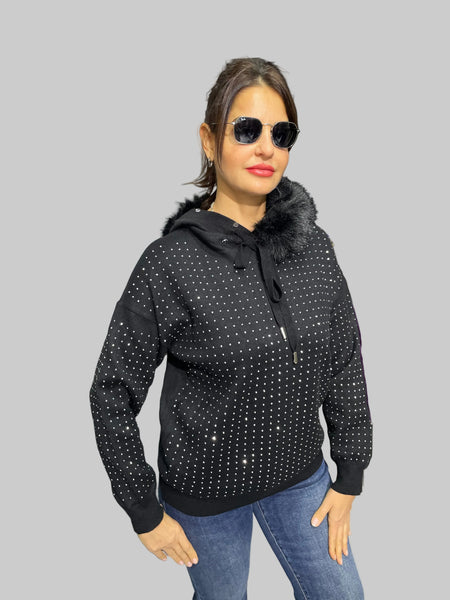 İthal Tasarım Kürk Yakalı Taşlı Kazak