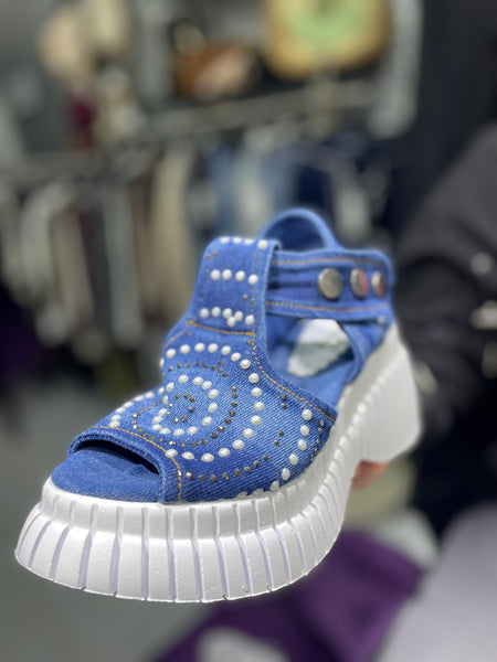 Tasarım İncili Denim Sandalet