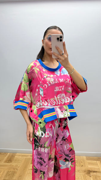 Pembe Çiçekli Saten Bluz