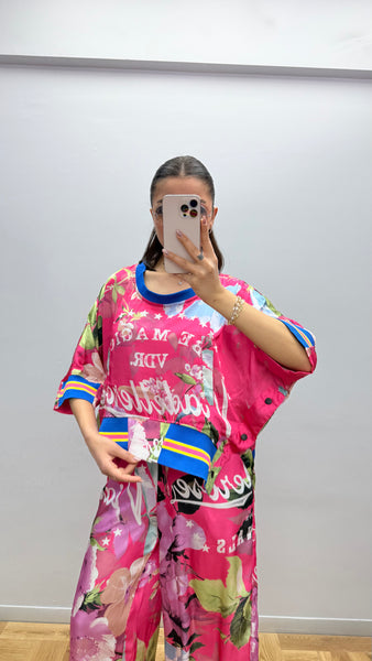 Pembe Çiçekli Saten Bluz